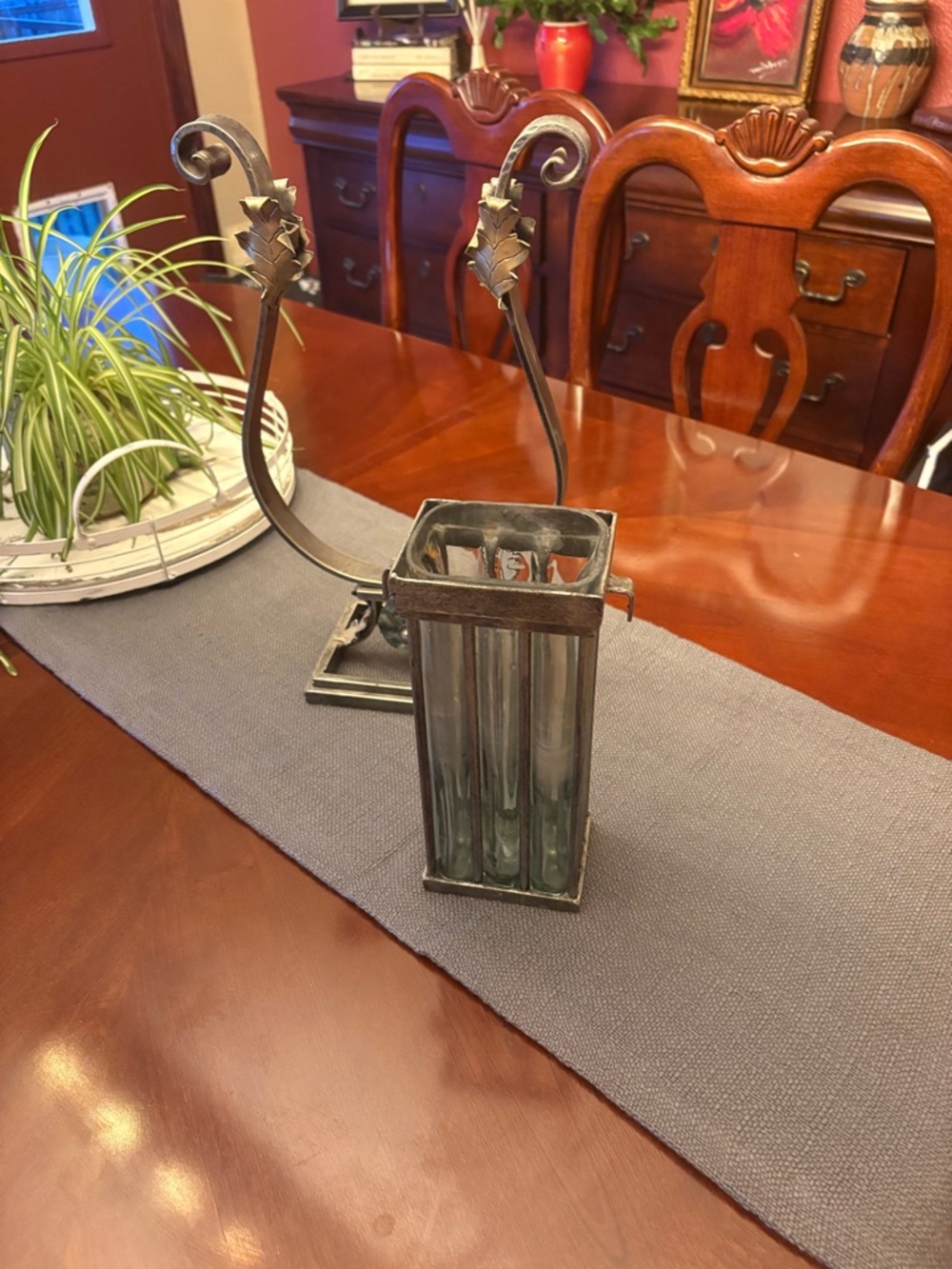 Source Unknown Brass-Toned Metal Vase with Green Glass Tubes - Picture 2 of 2